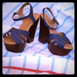 Navy Blue & White Polka Dot Platform Sandal Heels